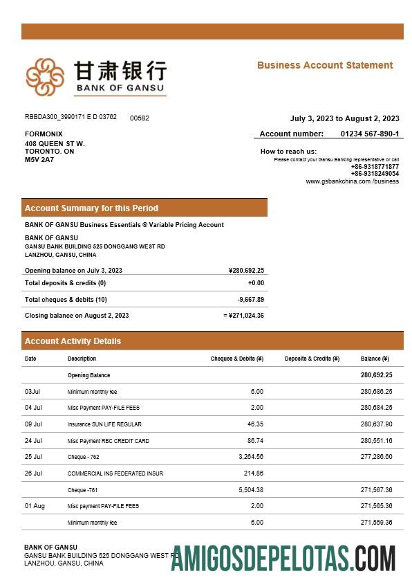 Realista Bank Of Gansu Business Checking modelo de extrato de conta Word e PDF